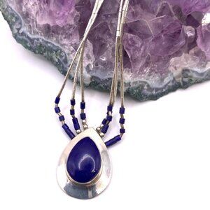 Lapis Lazuli Navajo Signed SE Sterling Silver 925 Liquid Silver Necklace J793